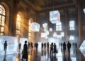 Visitors explore a grand hall with suspended glowing frosted cubes as light sculpture fills the space.
