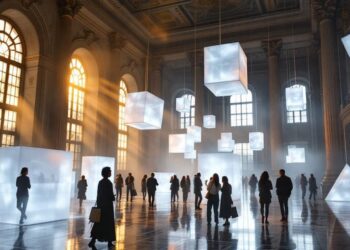 Visitors explore a grand hall with suspended glowing frosted cubes as light sculpture fills the space.