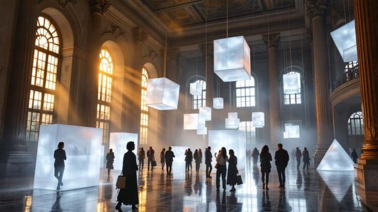 Visitors explore a grand hall with suspended glowing frosted cubes as light sculpture fills the space.