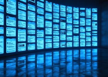 Wall filled with evenly spaced blue-lit screens displaying social media posts in a dark room, creating a futuristic data wall.