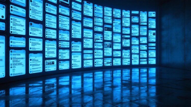 Wall filled with evenly spaced blue-lit screens displaying social media posts in a dark room, creating a futuristic data wall.