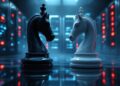 Black and white chess knights face off on a glossy floor inside a high-tech server room with blue neon lights.