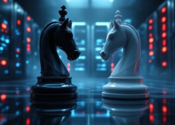 Black and white chess knights face off on a glossy floor inside a high-tech server room with blue neon lights.
