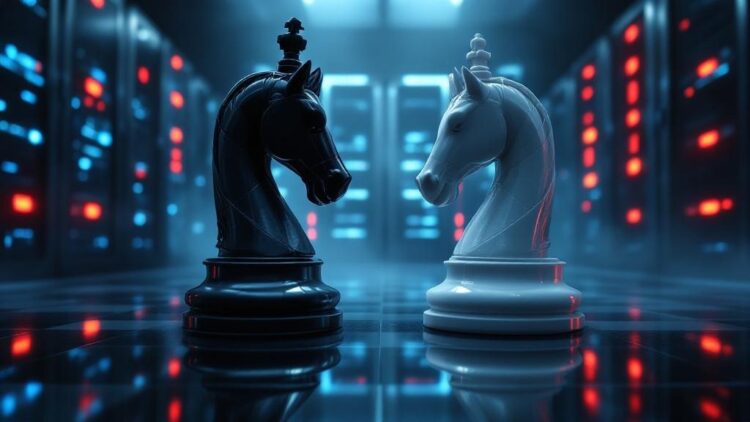 Black and white chess knights face off on a glossy floor inside a high-tech server room with blue neon lights.