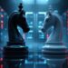 Black and white chess knights face off on a glossy floor inside a high-tech server room with blue neon lights.