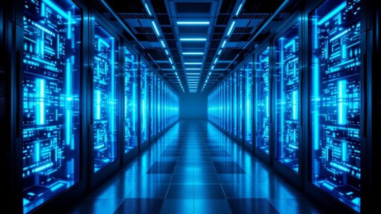 Blue-lit data center corridor with rows of illuminated server racks along both sides, perspective view down the hallway.