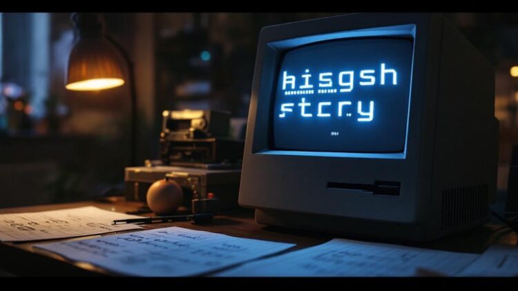 Retro CRT monitor on a wooden desk glowing with blue text, surrounded by papers and old equipment in a dim, moody room.