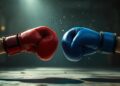 Two boxing gloves—red and blue—thrust toward each other in a close center-court clash, sparks flying around them.