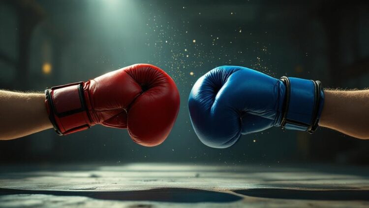 Two boxing gloves—red and blue—thrust toward each other in a close center-court clash, sparks flying around them.
