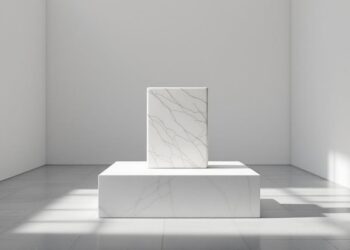 Minimalist white gallery with a marble pedestal and a smaller marble block on top, bathed in sunlight.