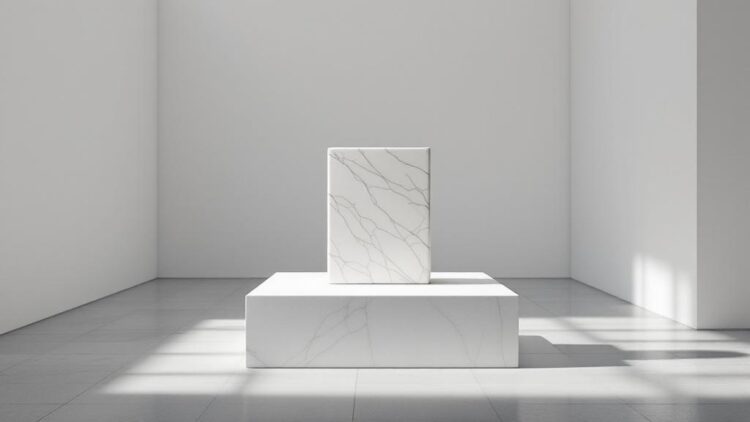Minimalist white gallery with a marble pedestal and a smaller marble block on top, bathed in sunlight.