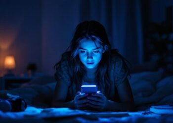 Woman lying on a bed in a dim room, blue light from her smartphone illuminating her face as she looks at the screen.