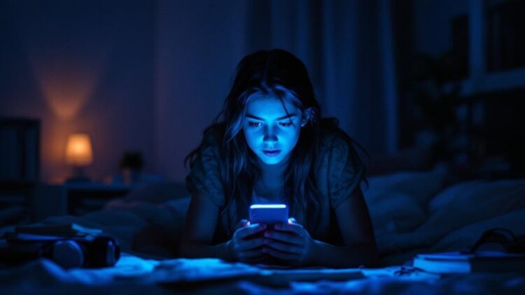 Woman lying on a bed in a dim room, blue light from her smartphone illuminating her face as she looks at the screen.