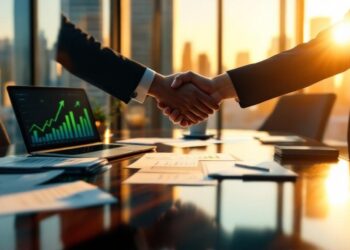 Two professionals shake hands over a conference table; laptop shows green upward-trending charts as the sun sets.