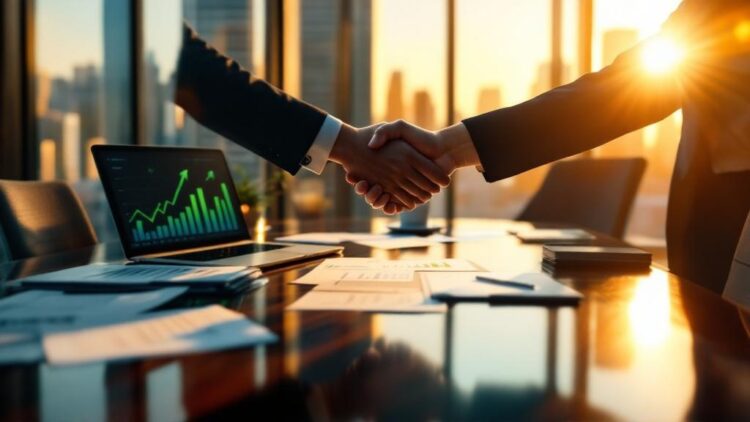 Two professionals shake hands over a conference table; laptop shows green upward-trending charts as the sun sets.
