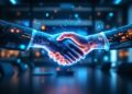 Two professionals shake hands in a futuristic conference room with blue holographic interfaces.