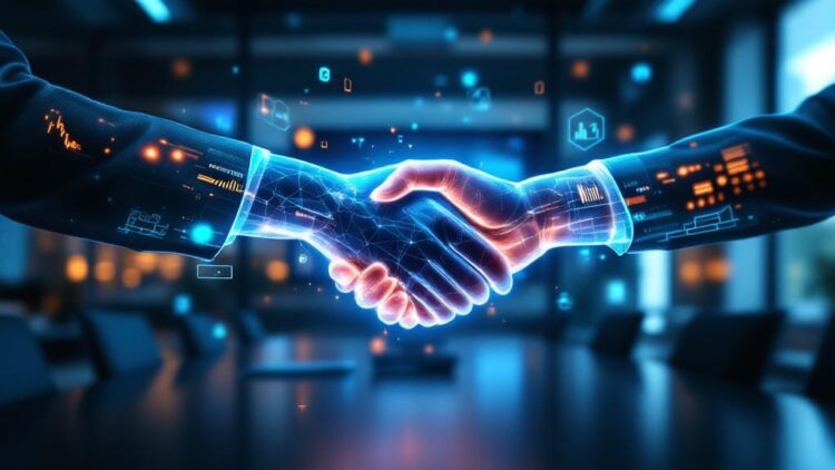 Two professionals shake hands in a futuristic conference room with blue holographic interfaces.