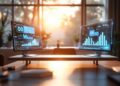 Two computer monitors on a shared desk display glowing data dashboards with charts, in a sunlit modern office.