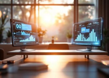 Two computer monitors on a shared desk display glowing data dashboards with charts, in a sunlit modern office.