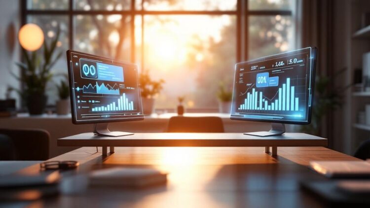 Two computer monitors on a shared desk display glowing data dashboards with charts, in a sunlit modern office.