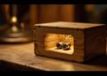 Wooden rectangular box with a carved window showing two small metal gears inside, lit warmly.