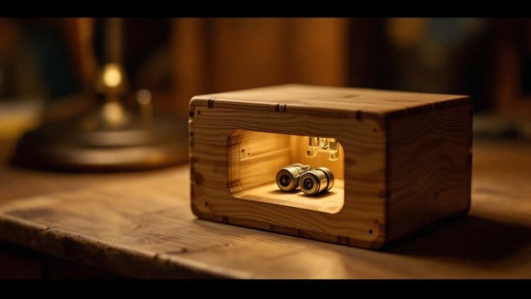 Wooden rectangular box with a carved window showing two small metal gears inside, lit warmly.