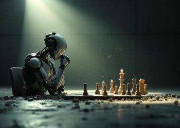 Robotic arm sits at a chessboard in a dim, dramatic lit room, contemplating the move.
