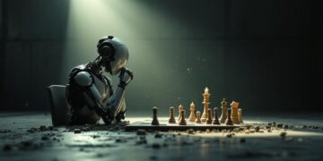 Robotic arm sits at a chessboard in a dim, dramatic lit room, contemplating the move.