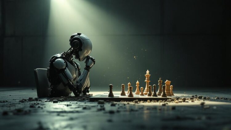 Robotic arm sits at a chessboard in a dim, dramatic lit room, contemplating the move.