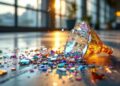 Crushed party popper with multicolored confetti scattered across a polished floor, warm light reflecting nearby window panes