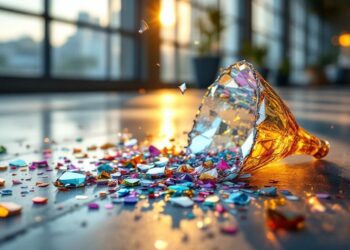 Crushed party popper with multicolored confetti scattered across a polished floor, warm light reflecting nearby window panes