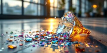 Crushed party popper with multicolored confetti scattered across a polished floor, warm light reflecting nearby window panes
