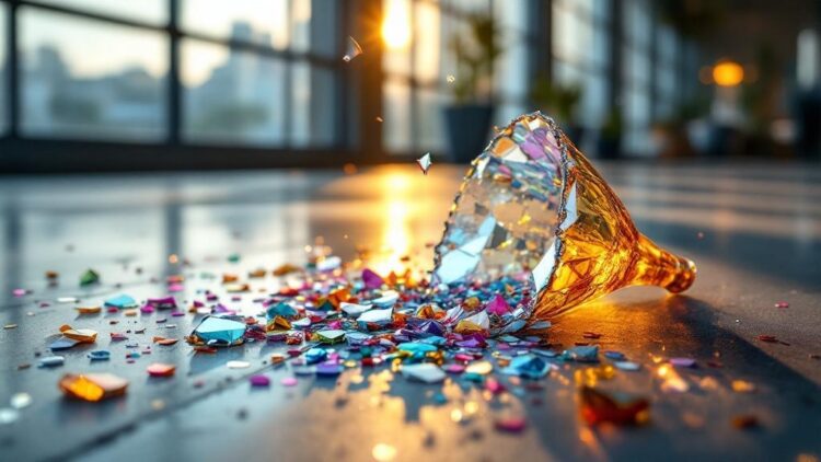 Crushed party popper with multicolored confetti scattered across a polished floor, warm light reflecting nearby window panes