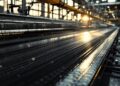 Long metal conveyor belt in a factory, sunlight glinting off the rollers.