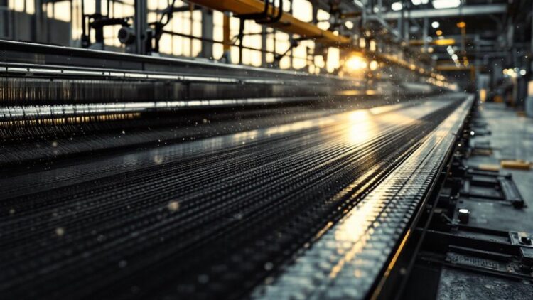 Long metal conveyor belt in a factory, sunlight glinting off the rollers.