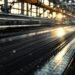 Long metal conveyor belt in a factory, sunlight glinting off the rollers.