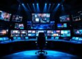 Control room with a central chair surrounded by many screens displaying dashboards in blue lighting