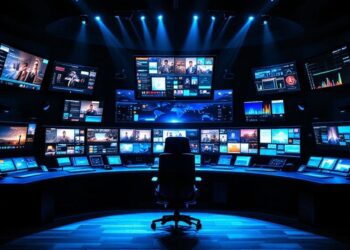 Mavi ışıklandırma altında gösterge panellerini gösteren çok sayıda ekranın çevrelediği, ortada bir koltuk bulunan kontrol odası