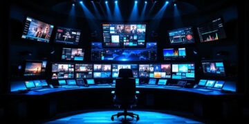 Control room with a central chair surrounded by many screens displaying dashboards in blue lighting