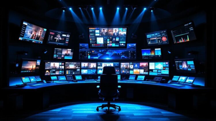 Control room with a central chair surrounded by many screens displaying dashboards in blue lighting