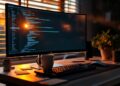 Large computer monitor showing colorful code on a tidy desk, with keyboard, mouse, mug, and small potted plants under warm indoor lighting.