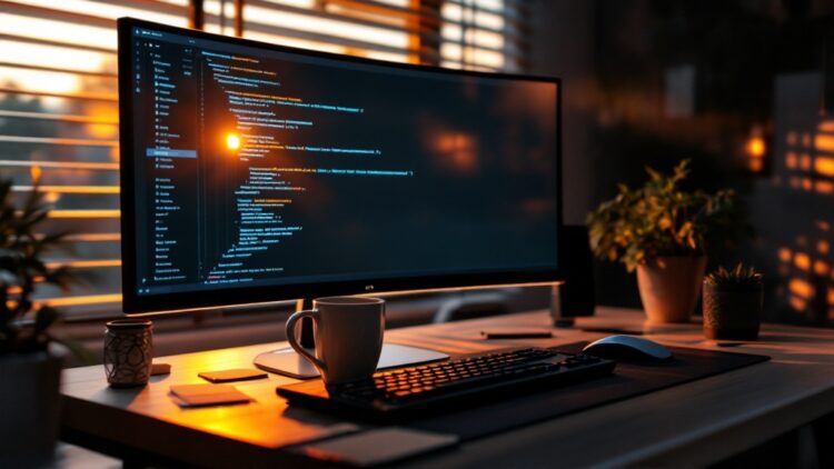Large computer monitor showing colorful code on a tidy desk, with keyboard, mouse, mug, and small potted plants under warm indoor lighting.