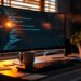 Large computer monitor showing colorful code on a tidy desk, with keyboard, mouse, mug, and small potted plants under warm indoor lighting.