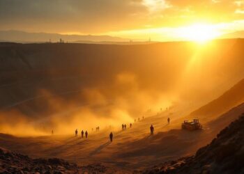 People hiking inside a large volcanic crater at sunset, with orange dust and a bulldozer parked on the slope.