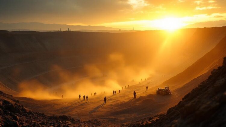 People hiking inside a large volcanic crater at sunset, with orange dust and a bulldozer parked on the slope.