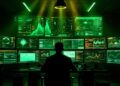 Person from behind sits at a desk surrounded by many green-lit monitors displaying charts and code in a dark control room with a central silhouette looking at data visuals on screens.
