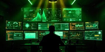 Person from behind sits at a desk surrounded by many green-lit monitors displaying charts and code in a dark control room with a central silhouette looking at data visuals on screens.