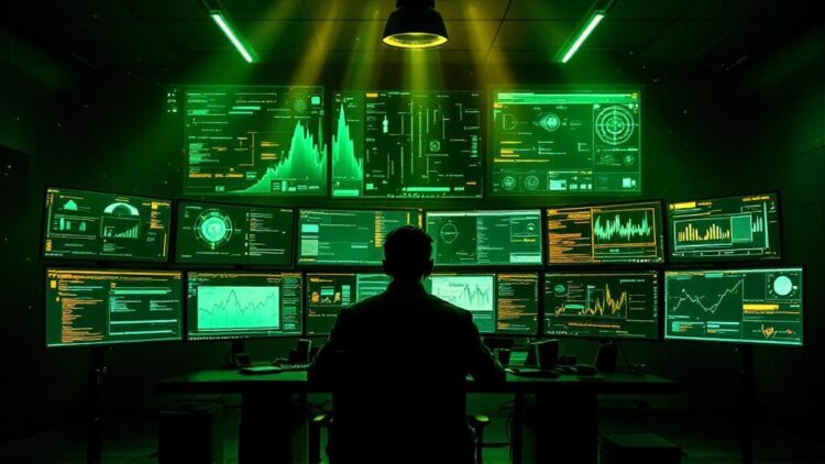Person from behind sits at a desk surrounded by many green-lit monitors displaying charts and code in a dark control room with a central silhouette looking at data visuals on screens.