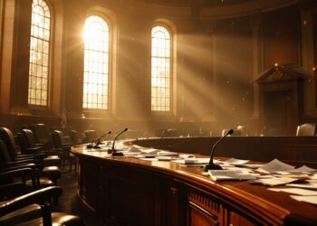 Sunlit government chamber with a curved wooden dais, microphones, scattered papers, and empty chairs.