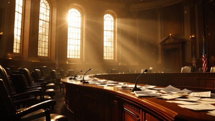 Sunlit government chamber with a curved wooden dais, microphones, scattered papers, and empty chairs.